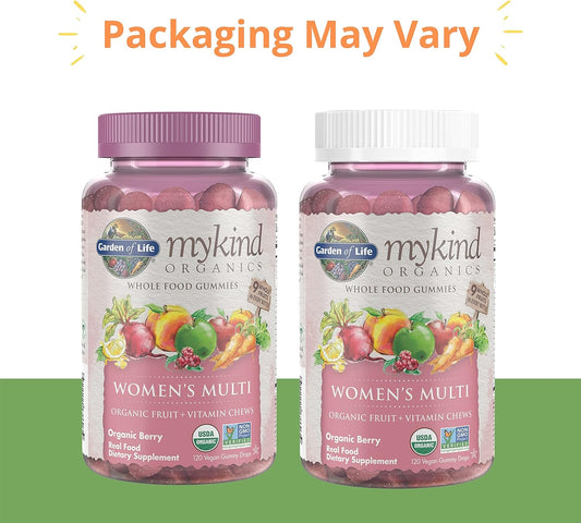 Garden of Life mykind Organics Women's Gummy Vitamins - Berry - Certified Organic, Non-GMO, Vegan, Kosher Complete Multi - Methyl B12, C & D3 - Gluten, Soy & Dairy Free, 120 Real Fruit Gummies