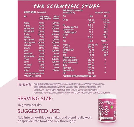 Edible Health Anti-Ageing Protein Powder - Enhanced With Vitamins C, E & Hyaluronic Acid For Hair, Skin And Nails - 400G