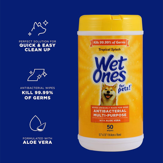 Wet Ones for Pets Multi-Purpose Dog Wipes with Aloe Vera, 50 Count - 12 Pack | Dog Wipes for All Dogs in Tropical Splash, Wipes for Paws & All Purpose