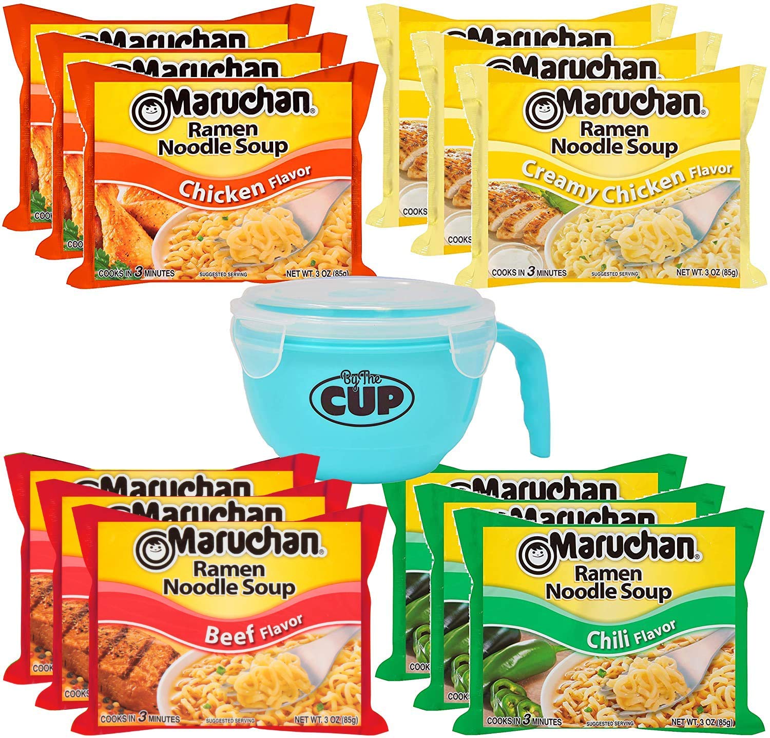 Maruchan Ramen Variety 12 Pack, 4 flavors + By The Cup Microwavable Soup Bowl