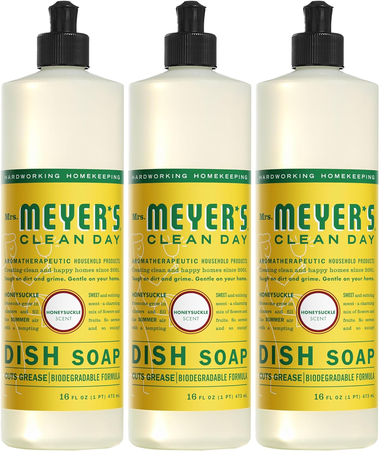 MRS. MEYER'S CLEAN DAY Liquid Dish Soap, Biodegradable Formula, Honeysuckle, 16 fl. oz - Pack of 3