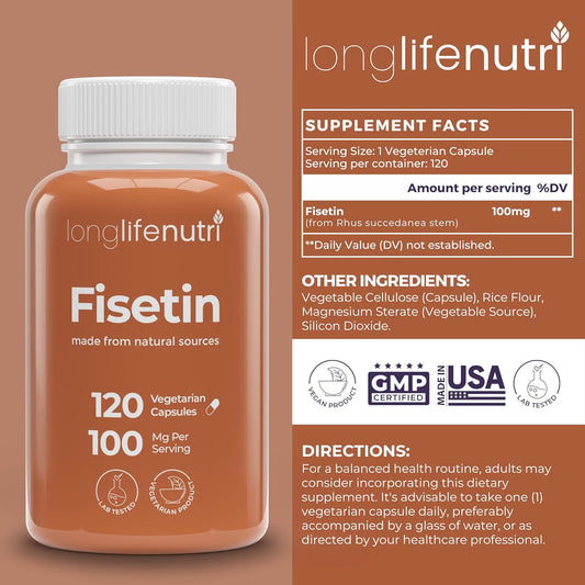Fisetin 100Mg - From Rhus Succedanea Stem Extract, 120 Vegetarian Capsules, Senolytic Supplement For Aging & Longevity, 4-Month Supply, Organic, Gmp Certified, Made In Usa