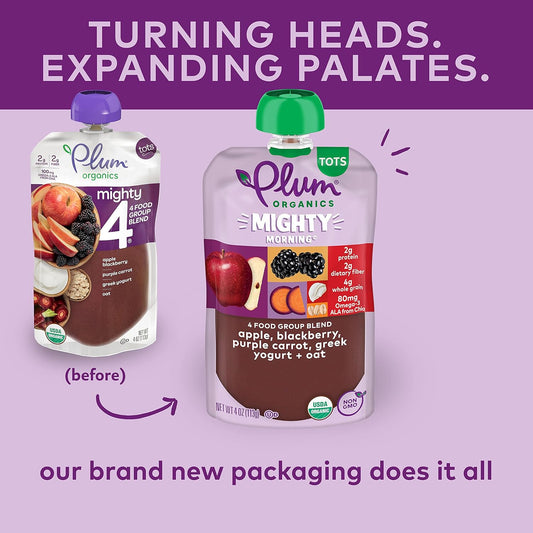 Plum Organics Mighty Morning Organic Toddler Food - Apple, Blackberry, Purple Carrot, Greek Yogurt, and Oat - 4 oz Pouch - Organic Fruit and Vegetable Toddler Food Pouch