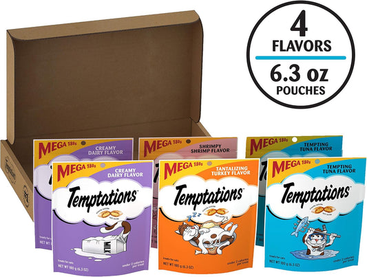 Temptations Classic Crunchy And Soft Cat Treats Variety Pack With Creamy Dairy, Tempting Tuna, Shrimpy Shrimp, And Tantalizing Turkey Flavors, (6) 6.3 Oz. Pouches