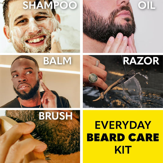 The Beard Club Beard Care Kit & Mens Grooming Kit - Essentials For A Healthier Looking, Stylish Facial Hair - Straight Edge Razor, Shampoo, Cedar Balm & Oil, And Boar Bristle Brush