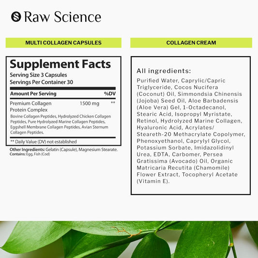 S RAW SCIENCE Skin Revitalization - Anti-Aging Face Moisturizer & Hair, Skin, Nails and Joints Supplement - Collagen Day & Night Cream 1.7oz and Multi Collagen Pills 1500mg 90pcs : Health & Household