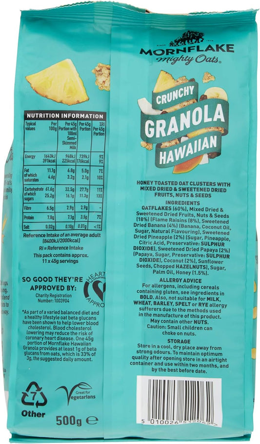 Mornflake - Crunchy Hawaiian Granola. 12X 500G Sachets Bags. High Fibre Granola Cereal Multipack, Breakfast Granola With Raisins, Banana, Pineapple & Coconut, All Natural Ingredients (Pack Of 12)