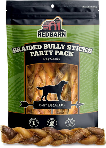 Redbarn All Natural 5-8” Braided Bully Sticks For Small & Large Dogs - Healthy Long Lasting Beef Chews Variety Party Pack - Single Ingredient Low Odor Rawhide Free - 8 Oz Bag - Packaging May Vary