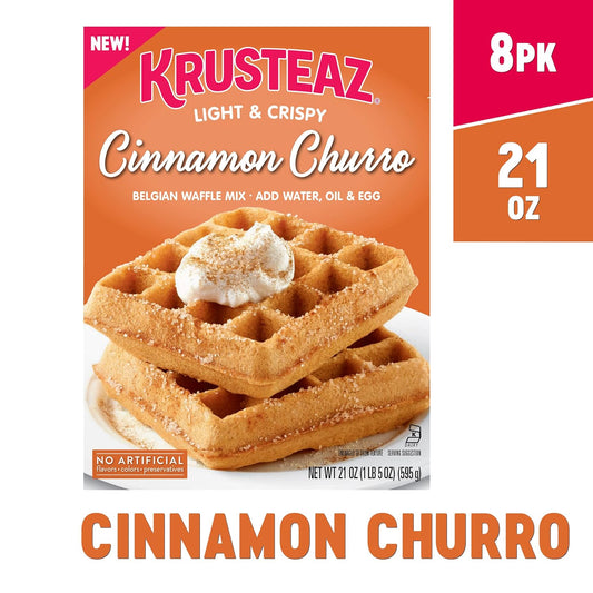 Krusteaz Light & Fluffy Cinnamon Churro Belgian Waffle Mix, Free of Artificial Flavors, Colors, or Perservatives, 21-ounce Boxes (Pack of 8)