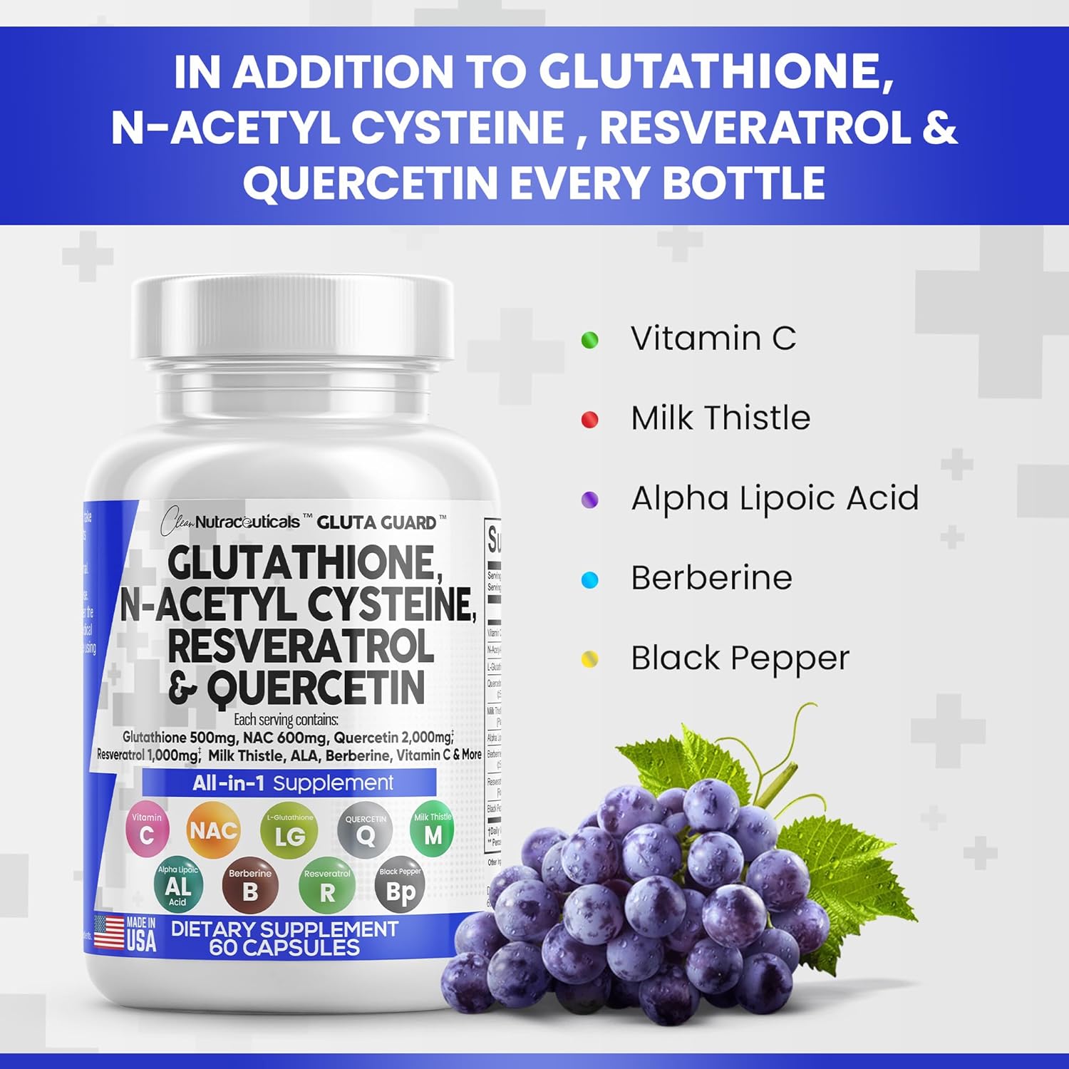 Clean Nutraceuticals Glutathione 500mg Supplement with Vitamin C N Acetyl Cysteine 600mg Berberine 1000mg Resveratrol Quercetin Alpha Lipoic Acid - Reduced L Glutathion Free Form Women 60 Ct USA Made : Health & Household