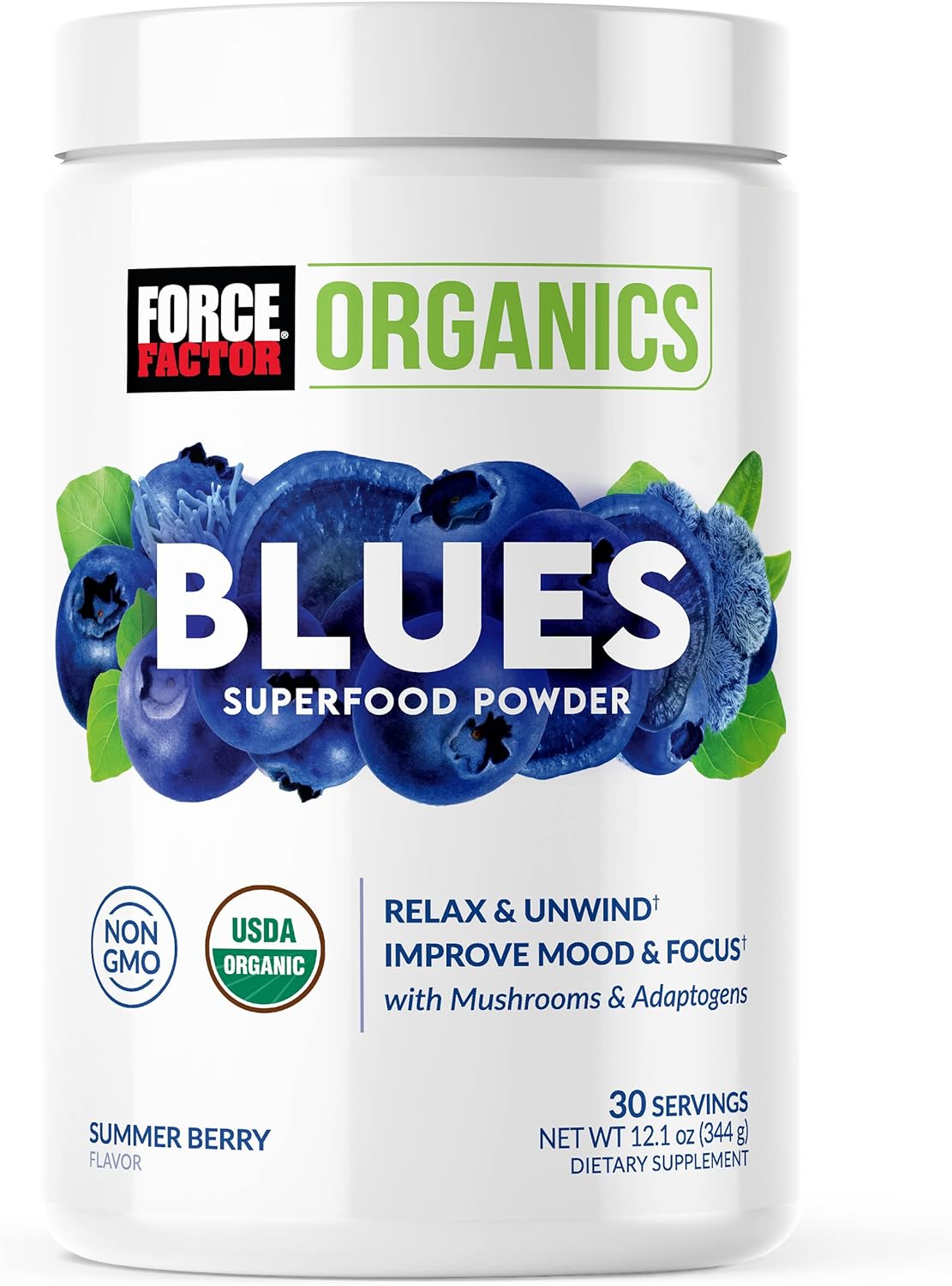 FORCE FACTOR Organics Blues Superfood Powder for Stress Relief and Mood Support with Ashwagandha, Blue Spirulina Powder, Cordyceps, and Lion?s Mane, Vegan and Non-GMO, Summer Berry, 30 Servings