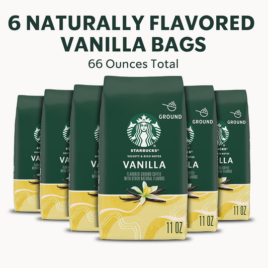 Starbucks Ground Coffee, Vanilla Flavored Coffee, Naturally Flavored, 100% Arabica, 6 Bags (11 Oz Each)