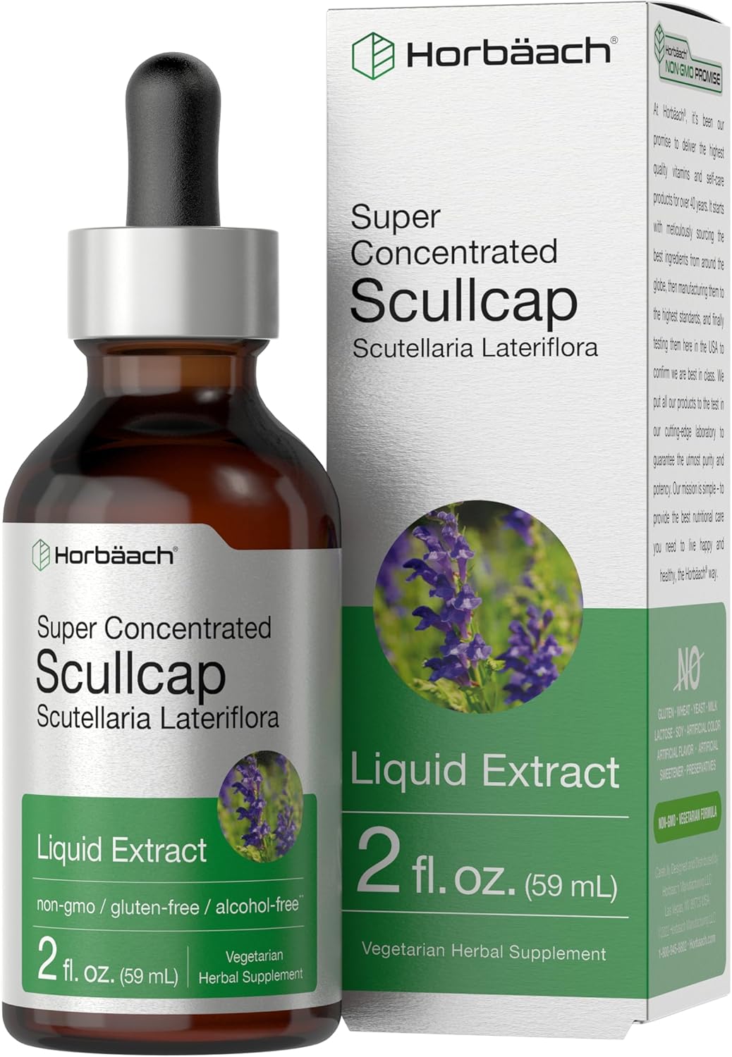 Horbäach Scullcap Herb Liquid Extract | 2 fl oz Tincture | Super Concentrated | Alcohol Free, Vegetarian, Non-GMO, Gluten Free Skullcap Supplement