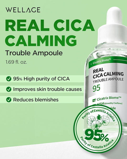 Wellage Real Cica Calming Trouble Ampoule - Korean Soothing Serum 95% Madecassoside, Rapid Soothing, Redness Relief, Sebum Control, Improves Freckles And Blemishes, For Acne-Prone Skin, 1.69 Fl.Oz