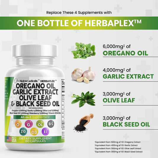 Clean Nutraceuticals Oregano Oil 6000mg Garlic Extract 4000mg Olive Leaf 3000mg Black Seed Oil 3000mg - Immune Support & Digestive Health Supplement for Women & Men with Vitamin D3 & Zinc - 60 Caps