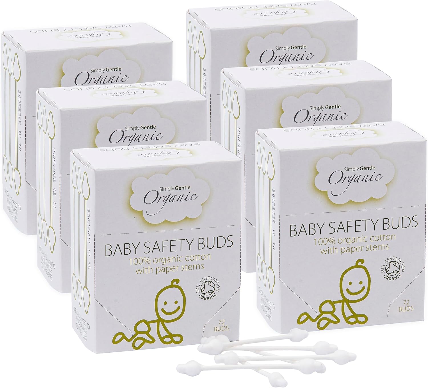 Simply Gentle Organic, Baby Safety Buds - Eco-Friendly & Biodegradable Buds, 100% Organic Cotton & Fsc Paper Stems - Soft & Hypoallergenic, Suitable For Newborns - 72 Buds (Pack Of 6)