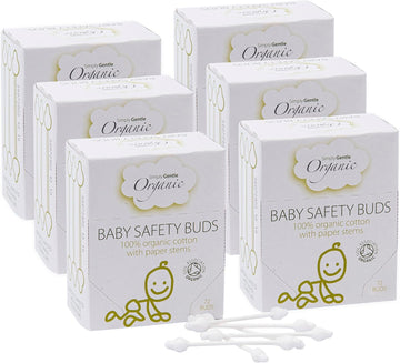 Simply Gentle Organic, Baby Safety Buds - Eco-Friendly & Biodegradable Buds, 100% Organic Cotton & Fsc Paper Stems - Soft & Hypoallergenic, Suitable For Newborns - 72 Buds (Pack Of 6)