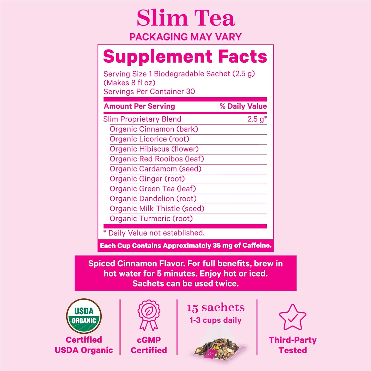 Pink Stork Organic Slim Tea - Dandelion Root, Green Tea, Ginger and Hibiscus for Detox, Bloating Relief, Metabolism Support, and Energy - Approximately 35 mg Caffeine - 15 Sachets : Health & Household
