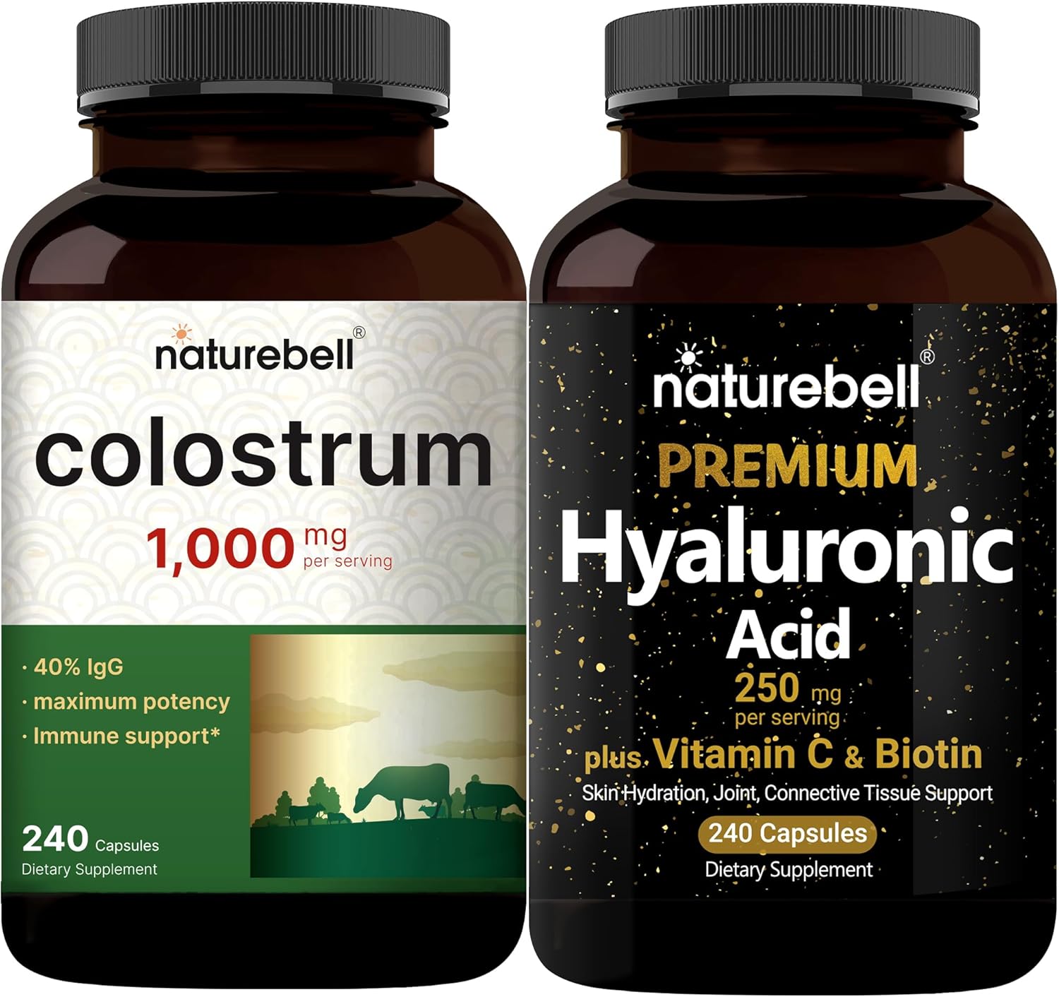 Naturebell Hyaluronic Acid Capsules With Biotin + Vitamin C & Colostrum 1,000Mg Per Serving, 240 Capsules Bundle Pack | Complete Beauty Care Complex | Mother’S First Milk From Grass Fed Bovine