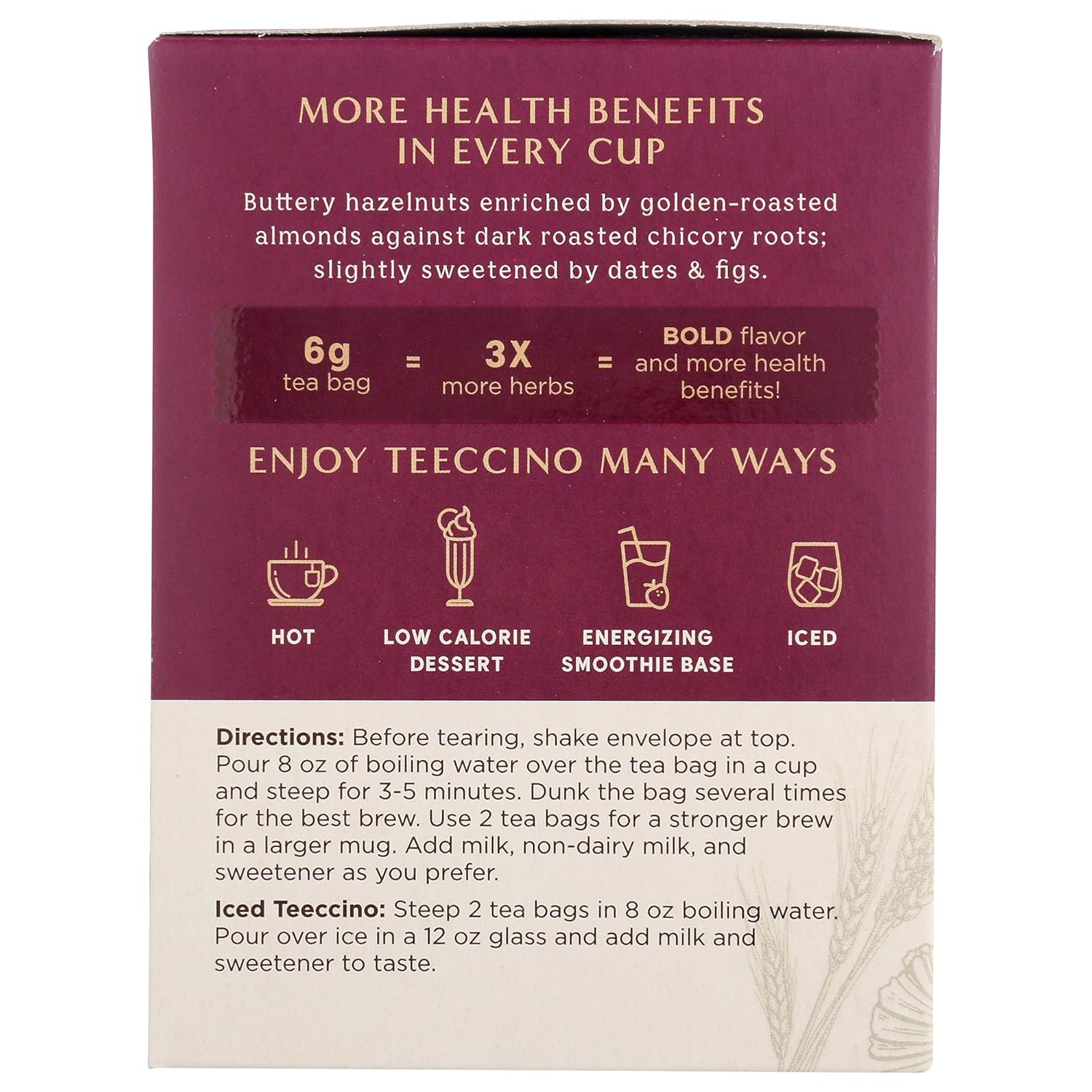 Teeccino Hazelnut Roasted Herbal Tea - Caffeine Free, Prebiotic, 3X More Herbs - 10 Tea Bags