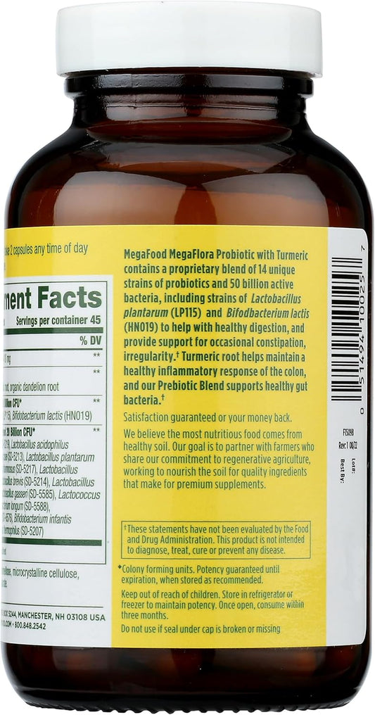 Megafood Megaflora Probiotic + Prebiotics + Turmeric - Probiotics For Women & Men - Probiotics For Digestive Health - 50 Billion Cfus - 14 Strains - Vegan - Non-Gmo - 90 Caps (45 Servings)