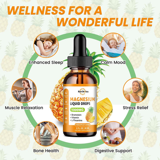 Magnesium Glycinate Liquid Drops, 1000Mg Of Magnesium Glycinate, Citrate & Threonate For Sleep, Nerve, Energy, Muscle, Bone, Calm & Digestion, High Absorption, 2 Fl Oz, Sugar-Free Pineapple Flavor