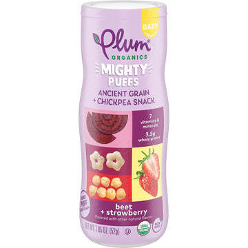 Plum Organics Mighty Puffs Organic Baby Food - Beet And Strawberry - 1.85 Oz Canister - Ancient Grains And Chickpea Snacks