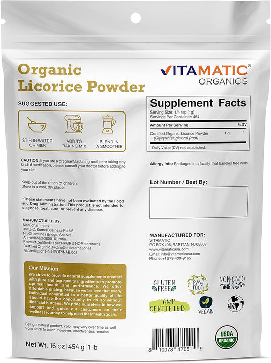 Vitamatic Certified USDA Organic Licorice Root Powder 1 Pound (16 Ounce) - Also Known as Malethi or Mulethi Powder