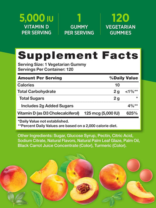 Nature's Truth Vitamin D3 Gummies | 5000 IU | 120 Count | Vegetarian, Non-GMO & Gluten Free Supplement | Natural Peach Flavor, Pack of 1