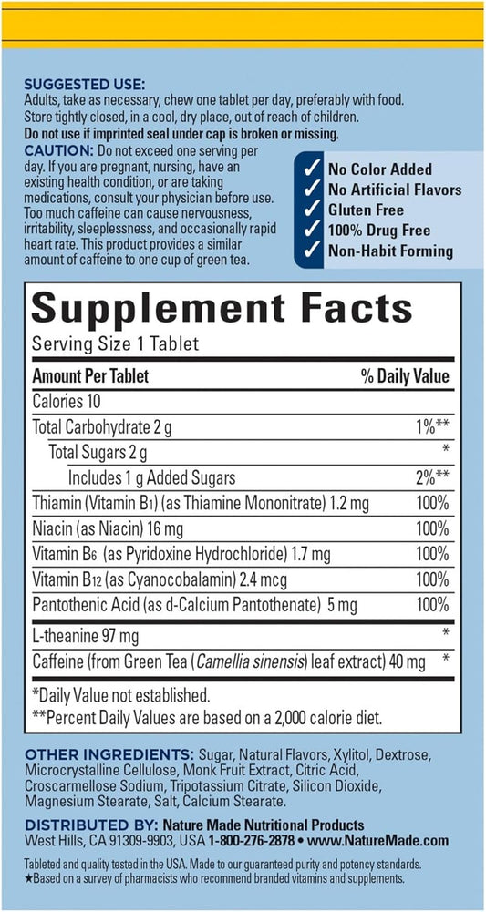 Nature Made Clear & Focus, L-theanine and Low-Dose Green Tea Caffeine, Helps Reduce Mental Fatigue and Supports Focus, Five B Vitamins for Cellular Energy Support, Lemon Mint, 30 Chewable Tablets