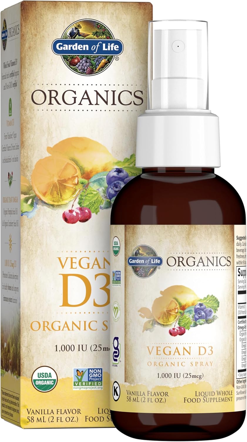 Garden of Life Organics Vegan Vitamin D3 for Women and Men, Liquid 1000 IU Per Spray, D3 Plus Omegas - Vanilla Flavor - 125 Servings - 2fl oz Liquid Whole Food D3 Vitamin Supplement