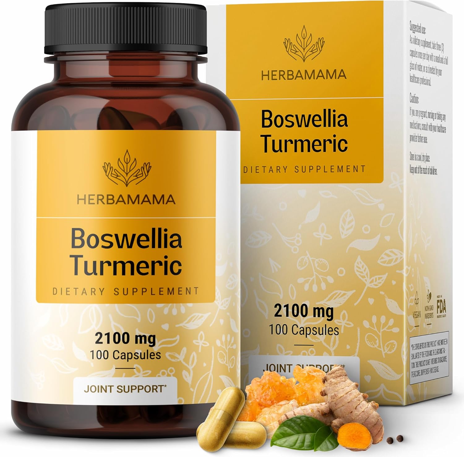 Boswellia Turmeric Capsules - Joint, Digestion & Brain Support Herbal Supplements W/Organic Herb Extract Of Black Pepper | Made In Usa - Vegan, Gluten Free, Non Gmo | 100 Capsules - 2100 Mg