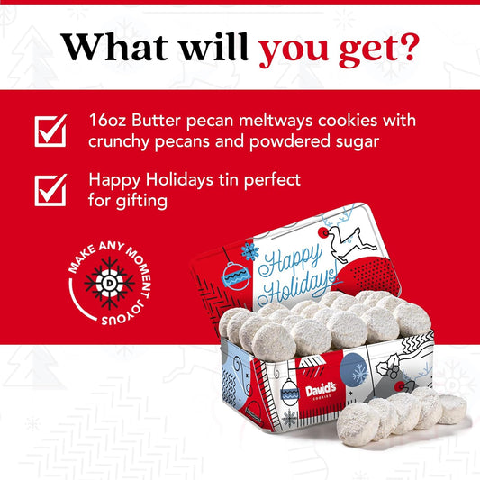 David’S Cookies Happy Holiday Butter Pecan Meltaway Cookies Gift Basket - Butter Cookies With Crunchy Pecans - Soft And Gourmet Melt In Your Mouth Flavorful Cookies In A Beautiful Holiday Tin 16Oz