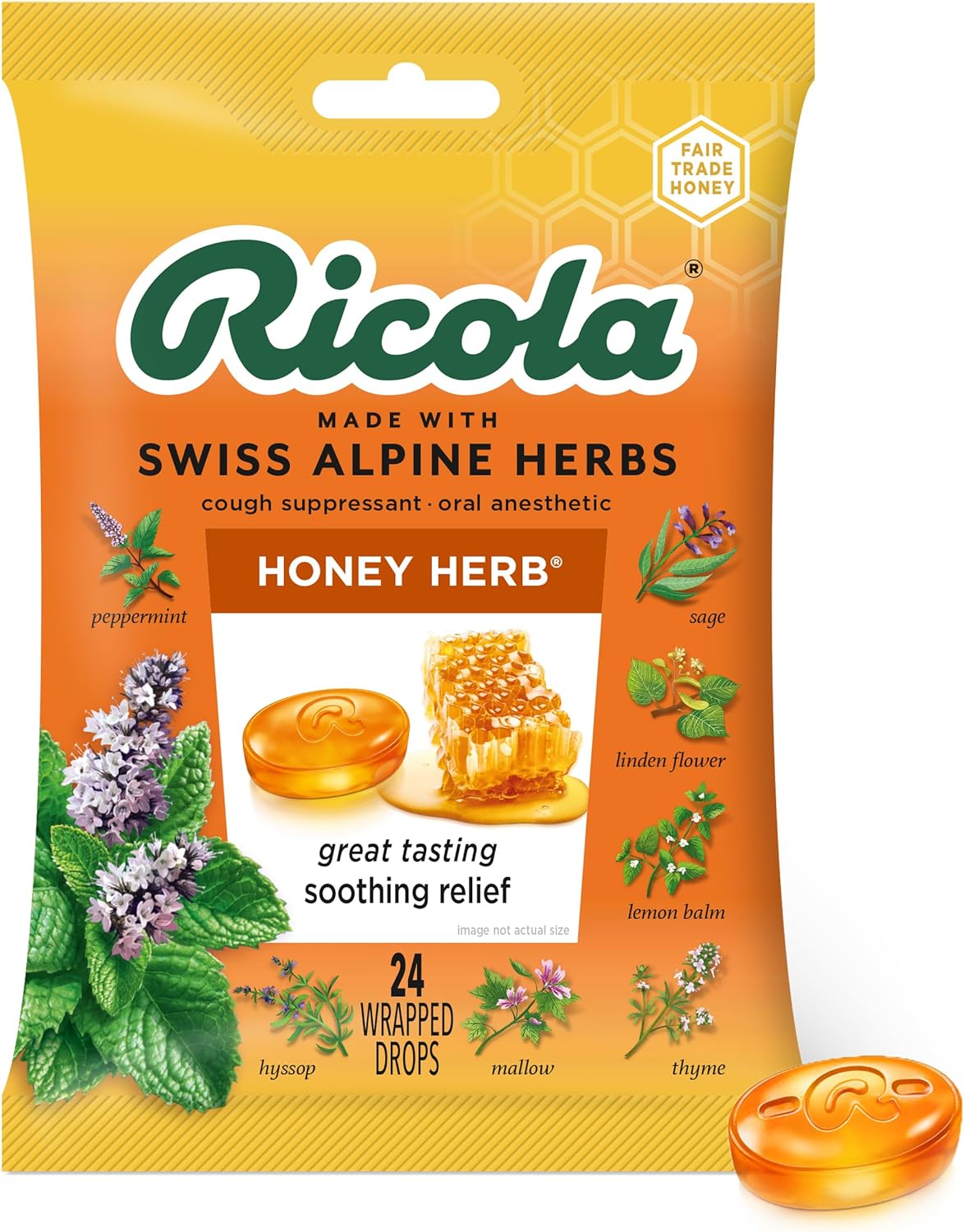 Ricola Natural Herb Cough Suppressant & Throat Drops, Honey Herb, 24 Drops, 1 count