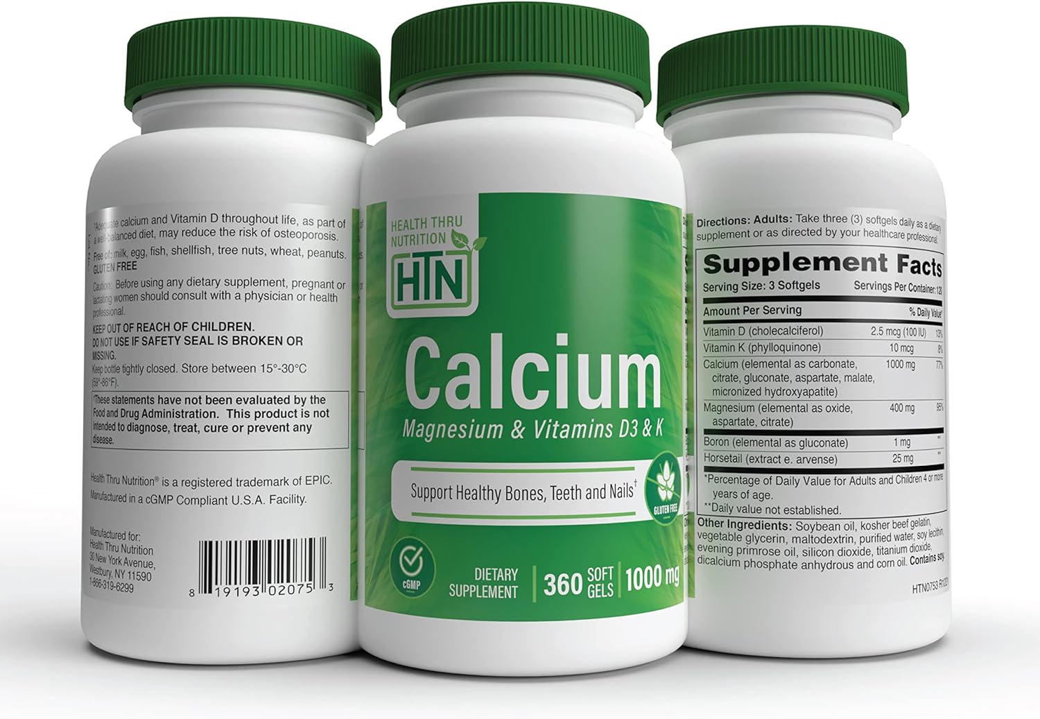 Health Thru Nutrition Calcium 1000mg and Magnesium 400mg with Vitamin D3 & K 360 Softgels (4 Month Supply) : Health & Household