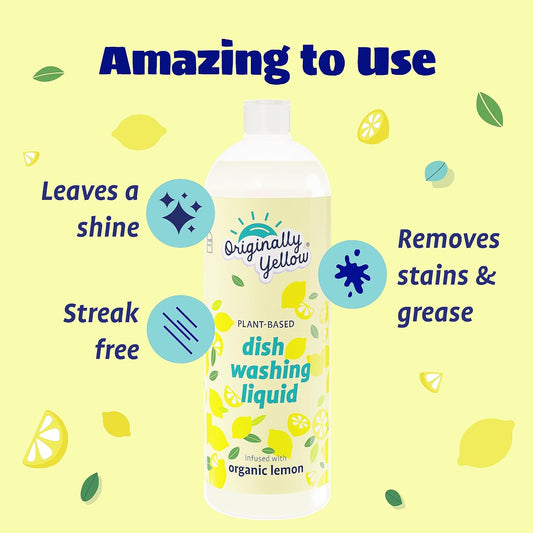 Originally Yellow Plant-Based Dish Washing Liquid | Dish Soap Liquid Infused with Organic Lemon | Quick-Drying Dishwashing Liquid Removes Dirt and Grease | Streak-Free Dish Soap, 16 Fl Oz (3-Pack)