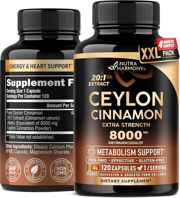 Ceylon Cinnamon Capsules - Extra Strength - Energy, Heart & Metabolism Support - For Men & Women - Pure Natural Extract 20:1 Supplement - Made In Usa - Gmo & Gluten Free, 120 Capsules, 4 Month Supply