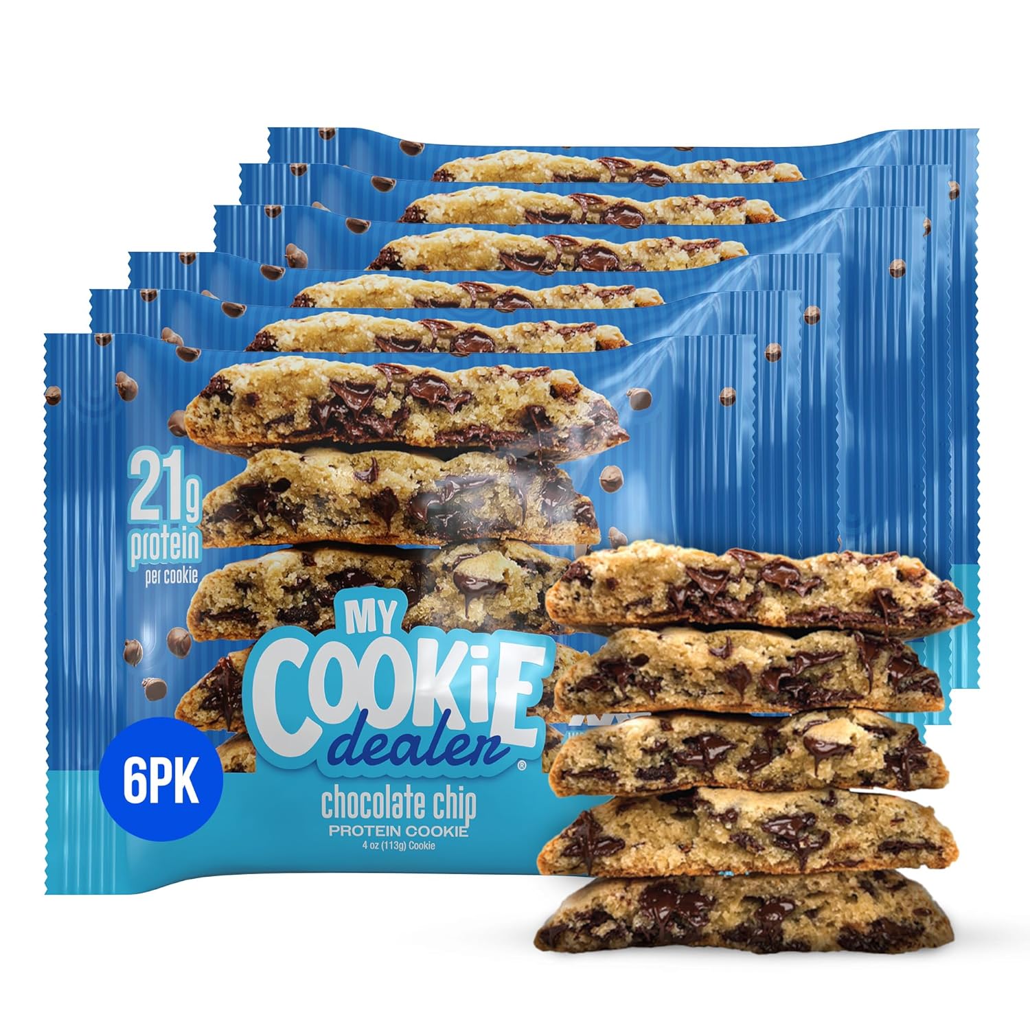 My Cookie Dealer Soft Baked Protein Cookies, Chocolate Chip (6-Pack, 4Oz Cookie) - 21G Protein Per Cookie (Made With Raw Nutrition Protein) - Individually Wrapped Travel Snacks…