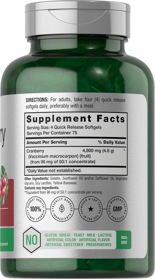 Horbäach Cranberry Pills 4800Mg | 300 Softgels | Non-Gmo, Gluten Free Supplement | From Concentrate Extract