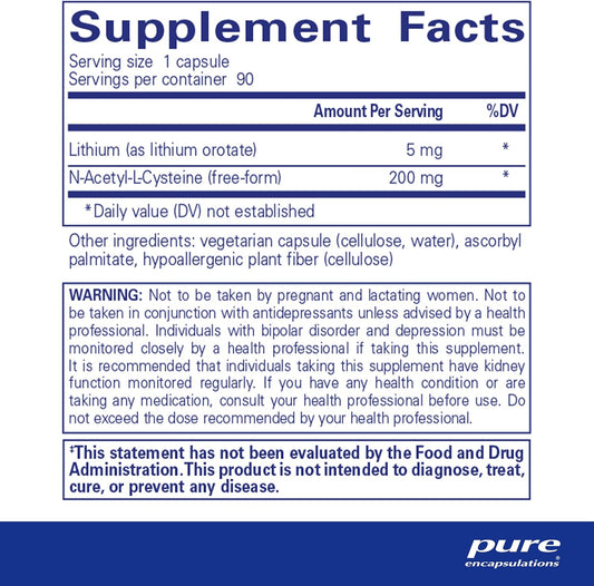 Pure Encapsulations Lithium Orotate 5 Mg - Brain Support Supplement - With N-Acetyl-L-Cysteine (Nac) For Memory & Brain Behavior* - Gluten Free & Non-Gmo - 90 Capsules