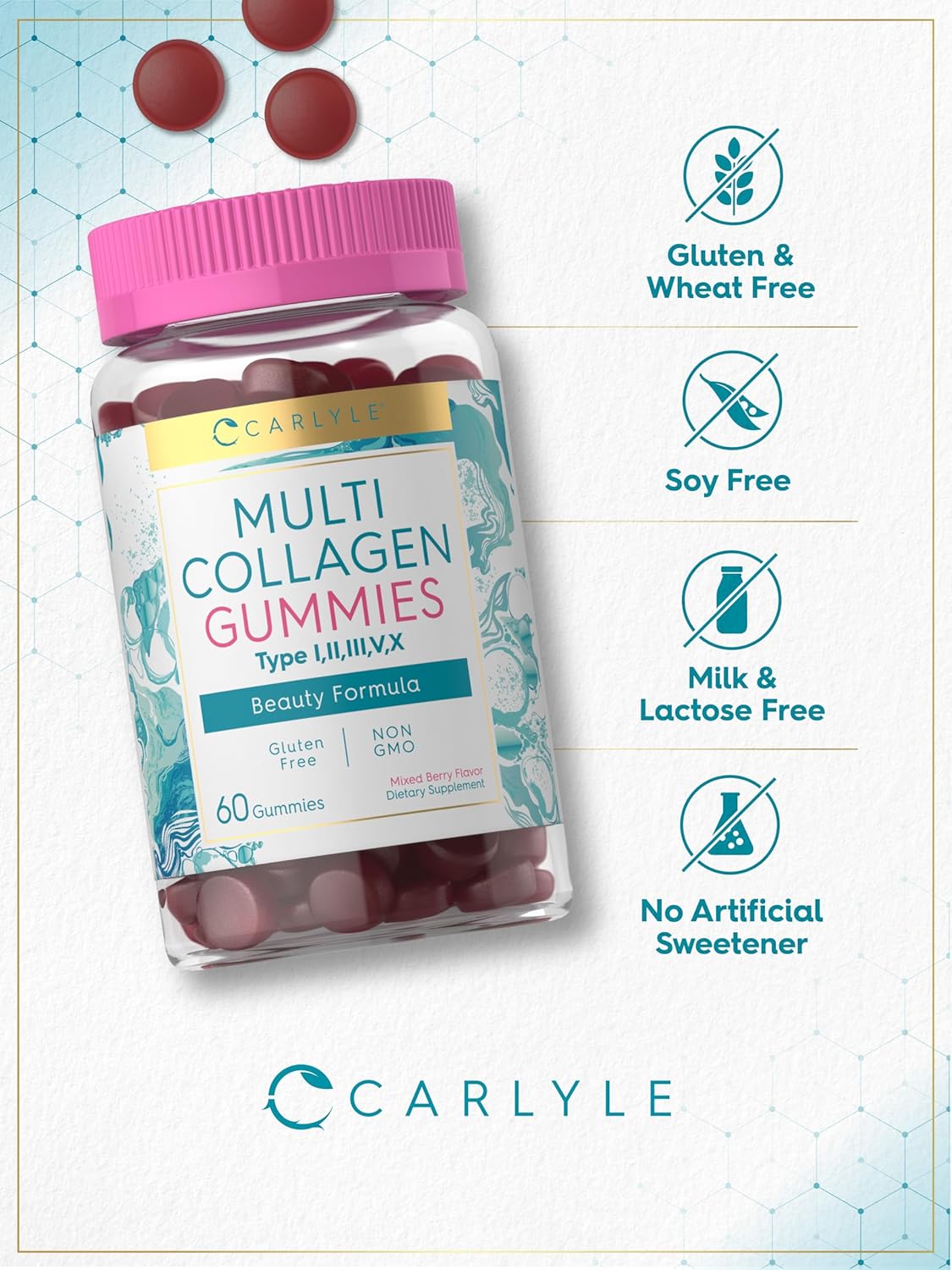 Carlyle Collagen Gummies | 60 Count | Multi Collagen Complex | Beauty Formula Supplement | Mixed Berry Flavor | Non-GMO, Gluten Free : Health & Household