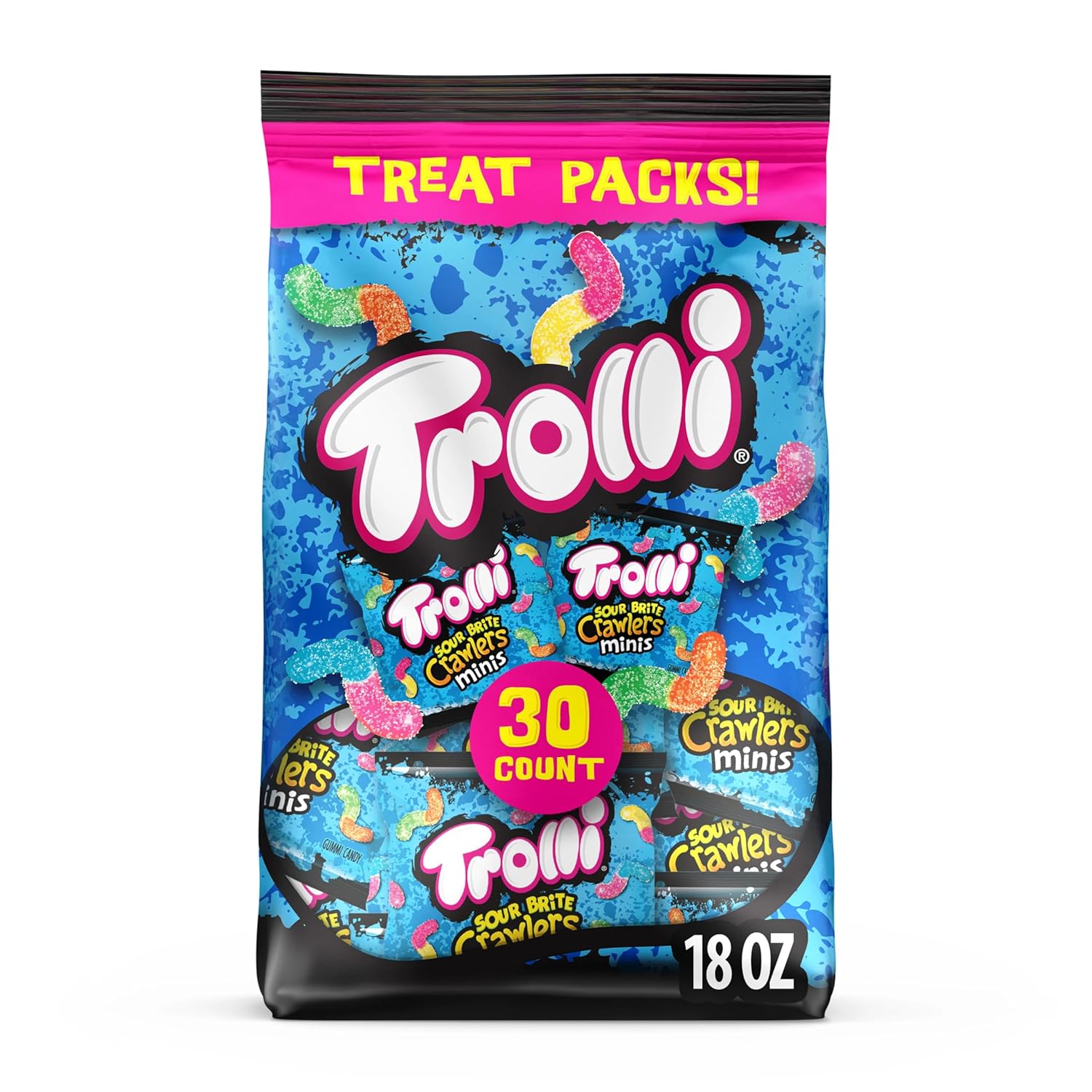 Trolli Mini Sour Brite Crawlers, Candy, Cherry-Lemon, Strawberry-Grape & Orange-Lime, Sweet And Sour, Gummy Worms, Back To School Sweet Treat, 18 Oz (30 Ct)