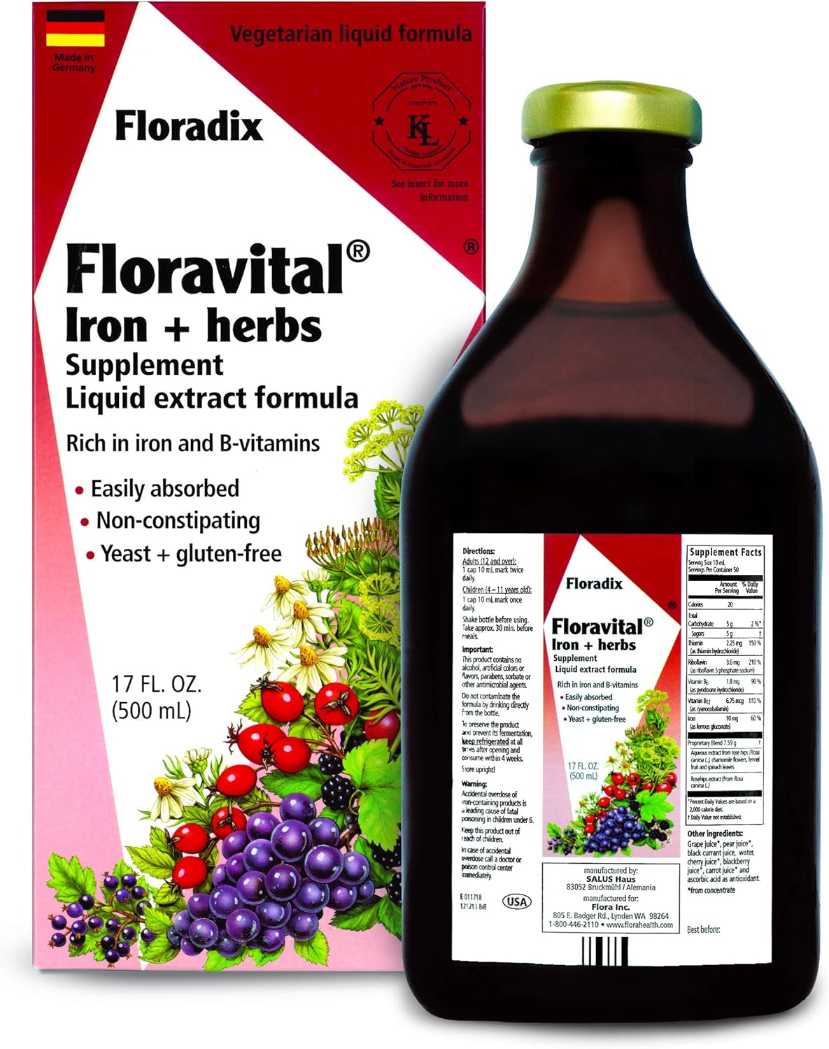 Floravital Liquid Iron Supplement + Herbs 17 Ounce Large - Vegan, Non Gmo & Gluten Free - Non Constipating, Yeast Free For Men & Women