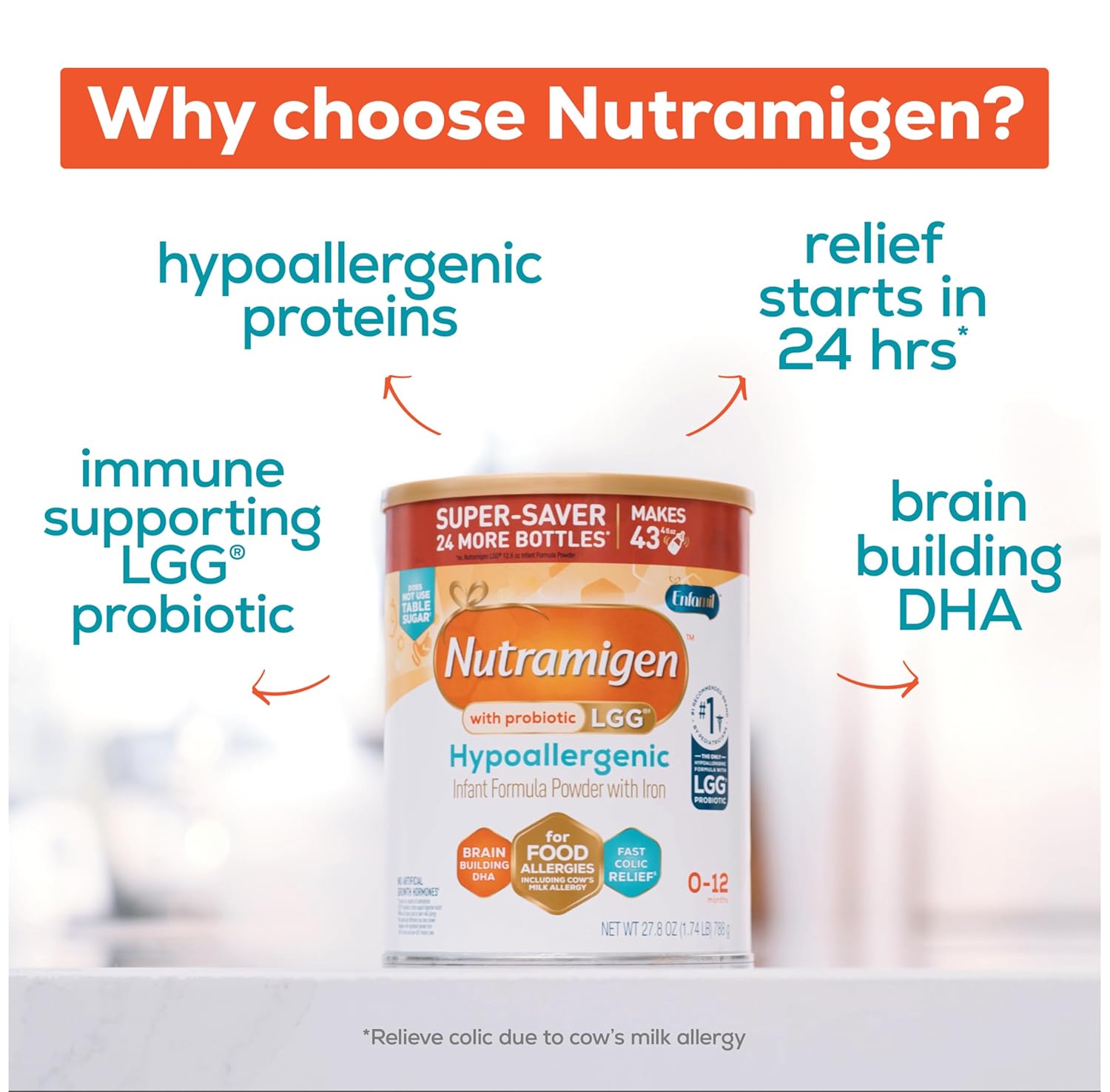 Enfamil Nutramigen Hypoallergenic Baby Formula With Iron, Lactose Free, Colic Relief From Cow'S Milk Allergy Starts In 24 Hours, Brain Building Dha, Probiotic Lgg For Immune Support, 27.8 Oz, 4 Count