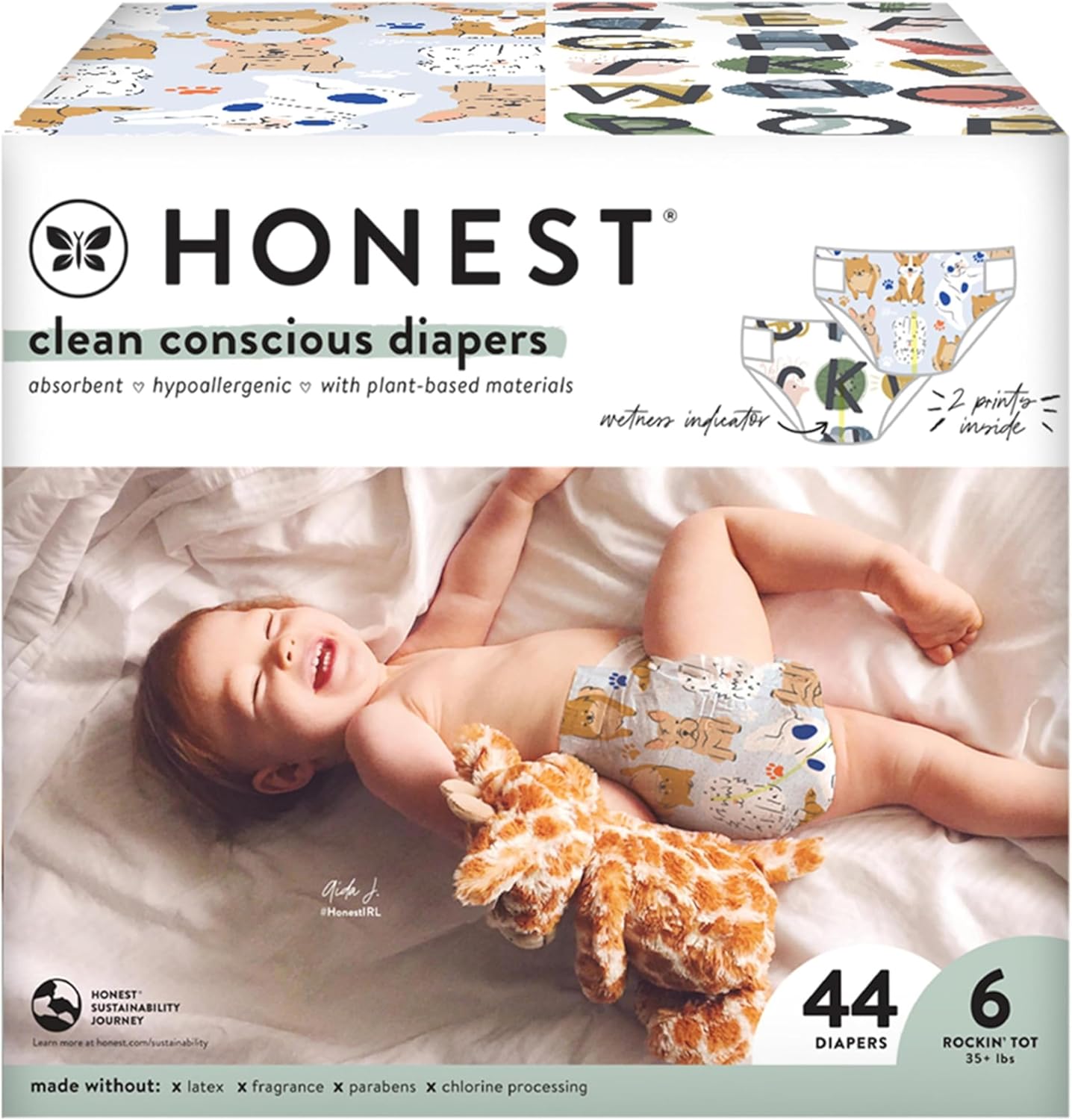 The Honest Company Clean Conscious Diapers | Plant-Based, Sustainable | All The Letters + It'S A Pawty | Club Box, Size 6 (35+ Lbs), 44 Count