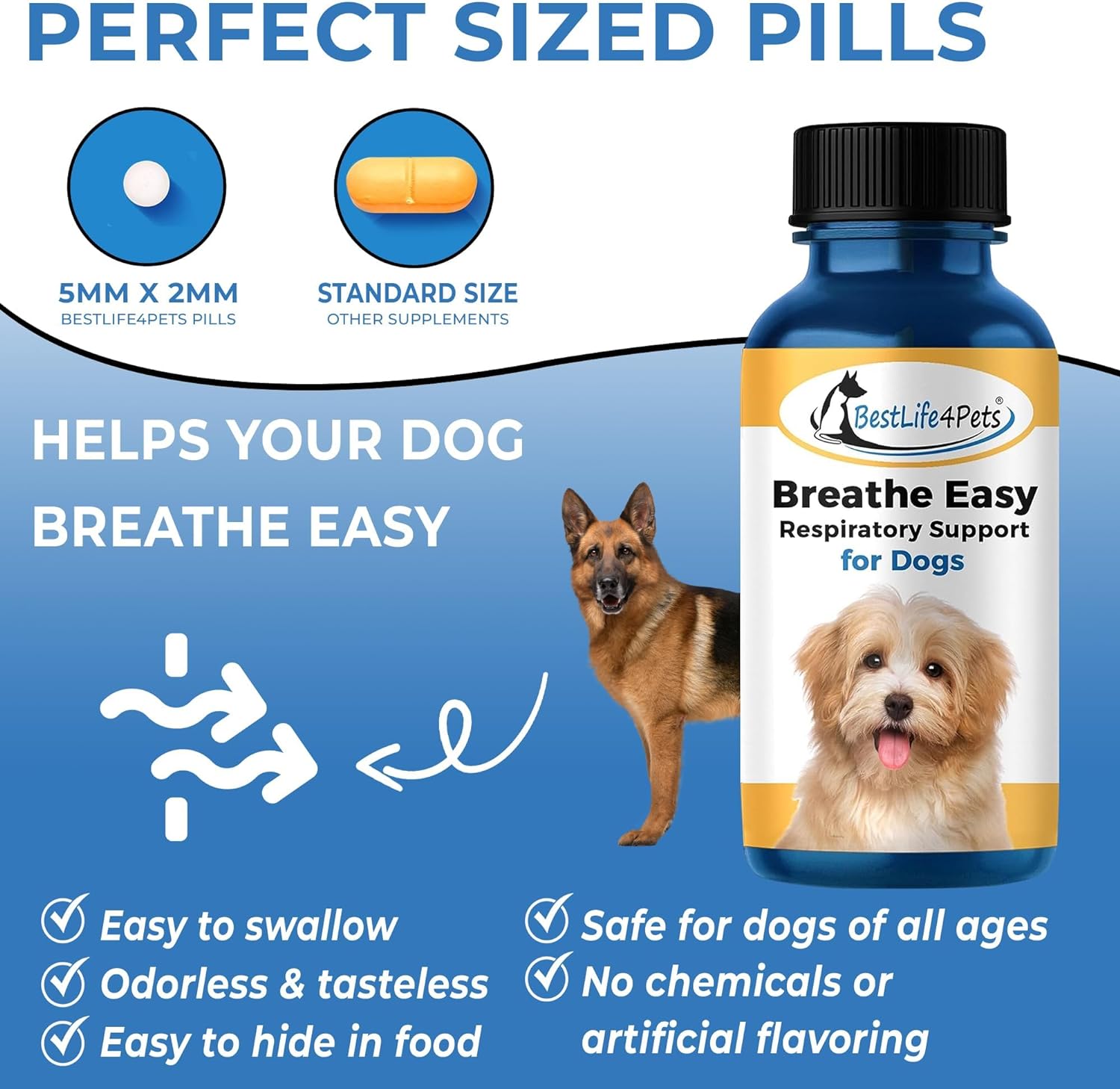 BestLife4Pets Kennel Cough & Respiratory Remedy - Breathe Easy Natural Support for Dog Sneezing, Wheezing, Runny Nose, Cough - Canine Respiratory Infection Relief - 400 Odorless, Tasteless Pills : BestLife4Pets : Pet Supplies