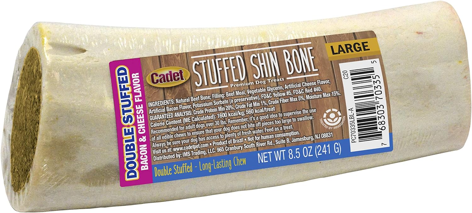 Cadet Double Stuffed Shin Bone - Highly Digestible, High Protein, Long-Lasting Dog Chew Bone For Aggressive Chewers, Supports Dental Health, - Bacon & Cheese Flavor, Large (1 Count)