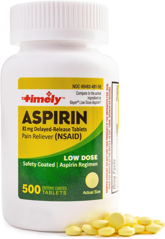 Timely - Low Dose Aspirin 81mg - 500 Tablets - Compared to the active ingredient in Bayer Low Dose - Enteric Coated Low Strength - Pain Reliever for Minor Aches and Pains, Fever Reducer - Made in USA