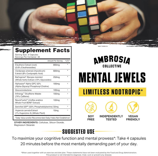 Ambrosia Mental Jewels (Capsules) - Cognitive Enhancer | Increase Memory, Communication Skills, Concentration & Focus | Alpha Gpc, Choline, Bacognize | 120 Veggie Capsules (30 Day Supply)
