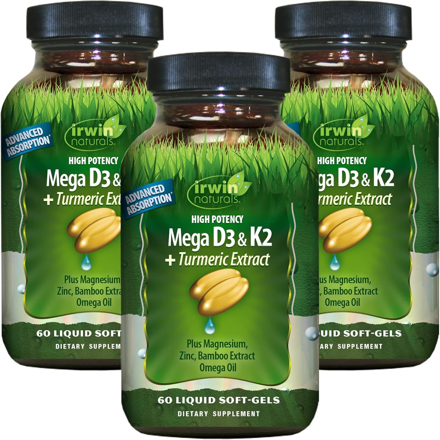Irwin Naturals High Potency Mega D3 & K2 + Turmeric Extract - 60 Liquid Soft-Gels, Pack Of 3 - Healthy Bones & Immune Function - 90 Total Servings